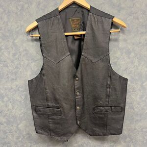 VINTAGE Dual Control Leather Vest Biker Motorcycle Western‎ Snap Front Black XL